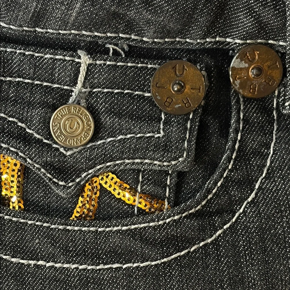 True Religion Joey Cut Off Blue Denim Shorts with Gold Accents Size 30